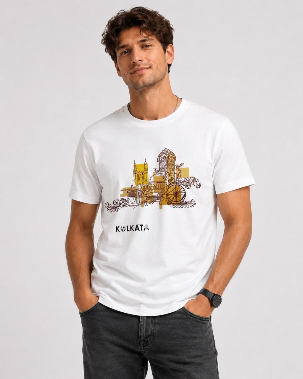Men's Regular fit White Kolkata culture Graphic Printed T-Shirt