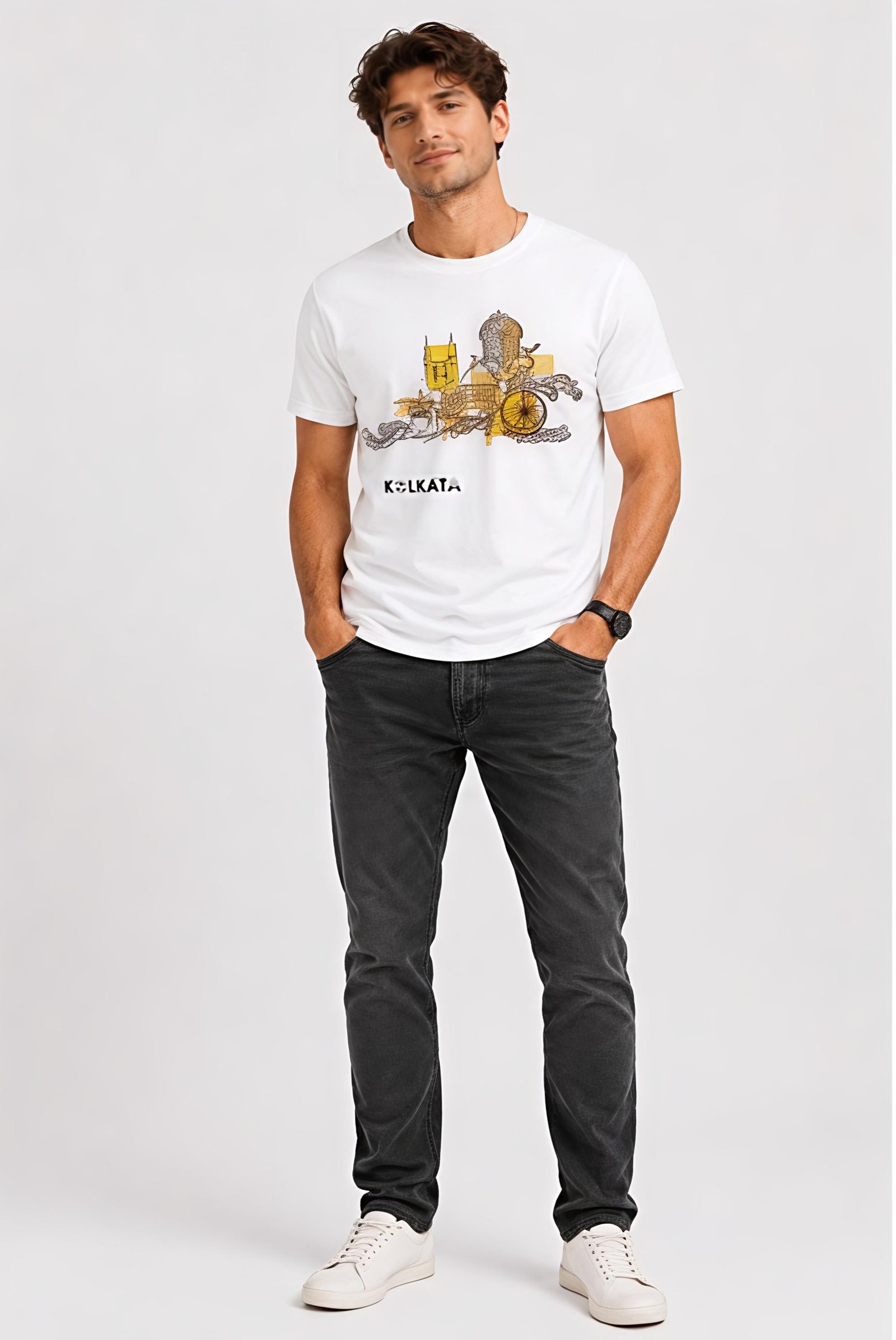 Men's Regular fit White Kolkata culture Graphic Printed T-Shirt