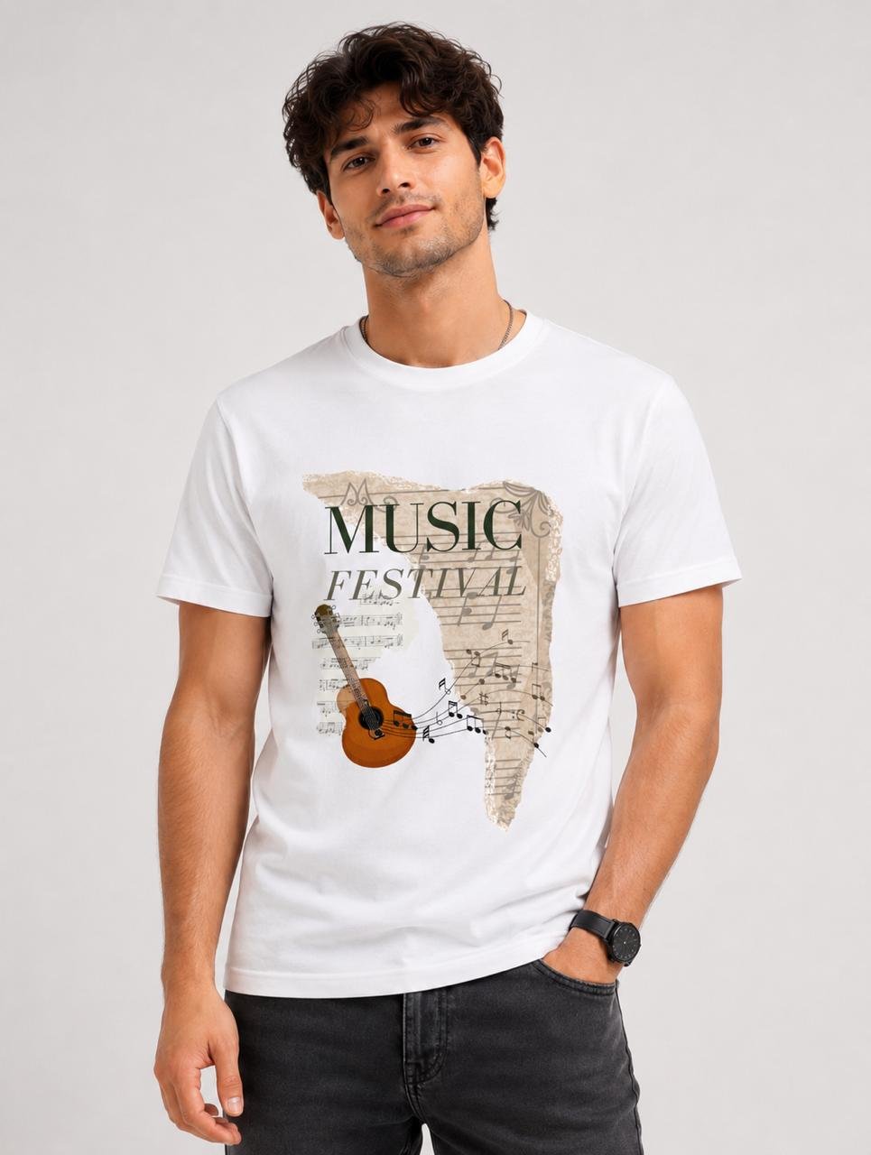 Men's Regular fit White Music Algorithm Graphic Printed T-Shirt