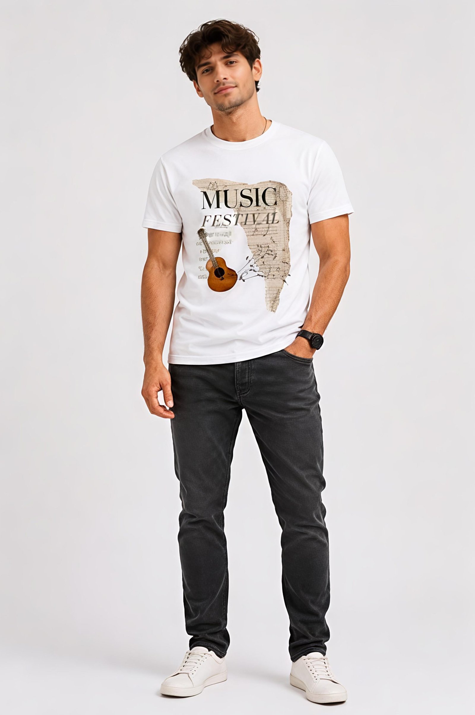 Men's Regular fit White Music Algorithm Graphic Printed T-Shirt