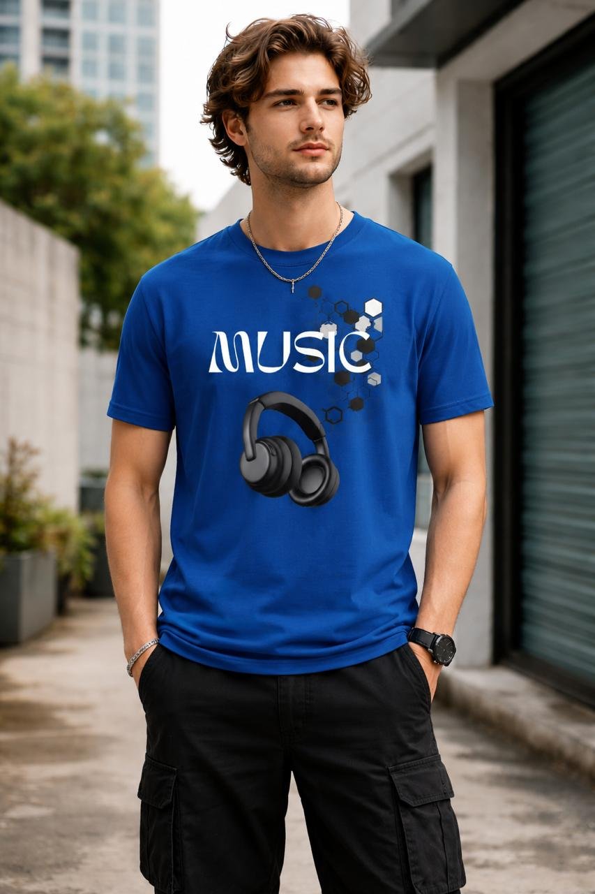 Men's Regular fit Blue Music Vibes Graphic Printed T-Shirt